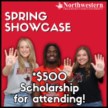Northwestern Oklahoma State University Spring Showcase promotional square graphic with red background showing three smiling students waving at camera. White text overlays read 