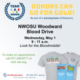 The Oklahoma Blood Institute Bloodmobile will be on the Northwestern Oklahoma State University Woodward campus for the “Go for the Gold” Blood Drive on Wednesday, May 1, from 9 to 11 a.m.