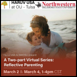 A mother and young child embrace on a beach at sunset, both smiling. The Haruv USA at OU-Tulsa and Northwestern Oklahoma State University logos appear at the top. White text overlays read: 