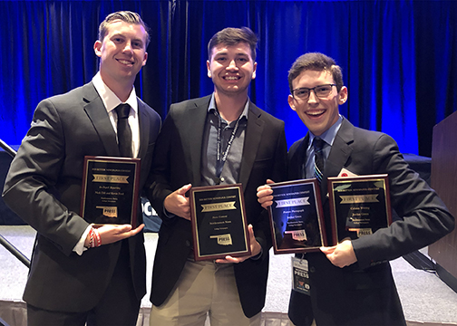Nick Dill, Dacoda McDowell-Wahpekeche and Jordan Green represent the Northwestern News in picking up the awards won by staffers during the 2021 Oklahoma Press Association's annual awards convention June 12 in Oklahoma City.