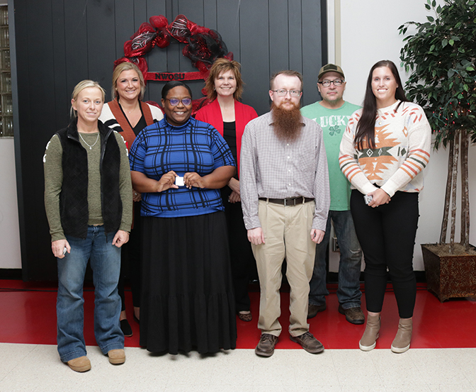 Northwestern’s five-year service award recipients are (from left to right, back row) Tasha Diesselhorst, Tandy Keenan, Clayton Morris (front row) Dr. Amanda Clepper, Dr. Roxie James, Dalton Moser and Brenda Vazquez. Not pictured are Jordan Franz, Taylor Randolph, Dr. Patricia Thompson and Zachary Zook.