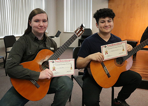 Thomas Moore (left) and Alexander Gonzales were the top winners at Friday’s Guitar Festival at Northwestern Oklahoma State University-Alva.