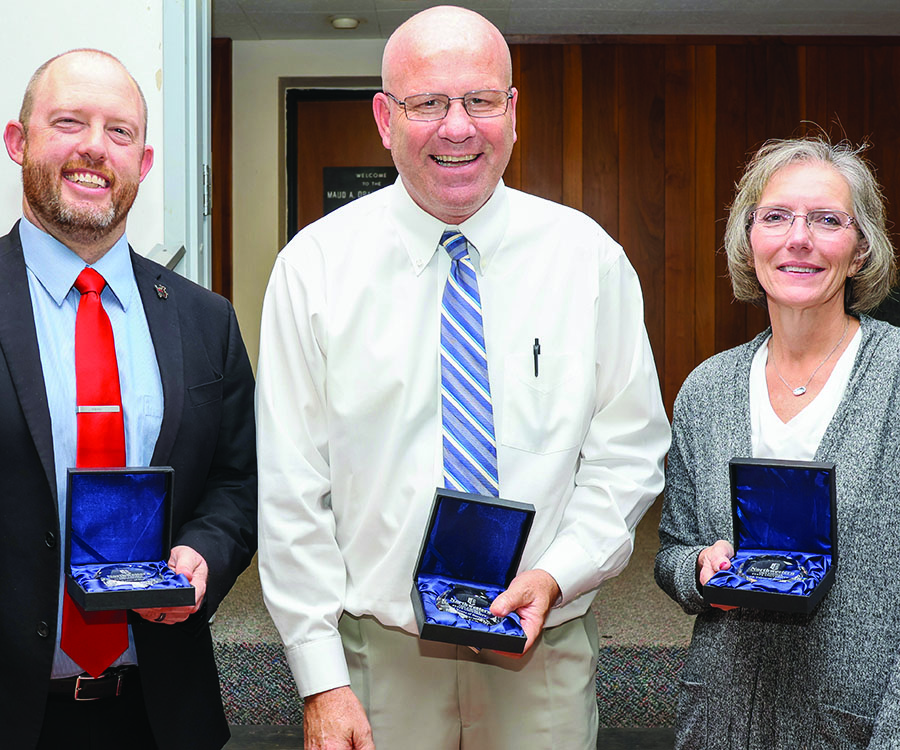 15-Year recipients (Left to Right): Calleb Mosburg, Brad Franz, and Sue Marker. Not Pictured: Jaunita Dotson, Kirk Rogers, Dr. Jason Wickham.