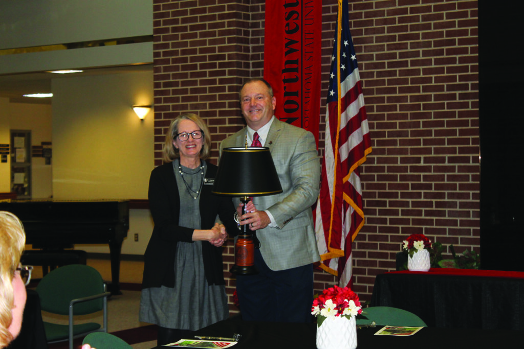 30-Year recipient: Dr. Martie Young is the lone 30-year service award this year and received her gift from University President Dr. Bo Hannaford during a ceremony at the Northwestern-Enid campus.