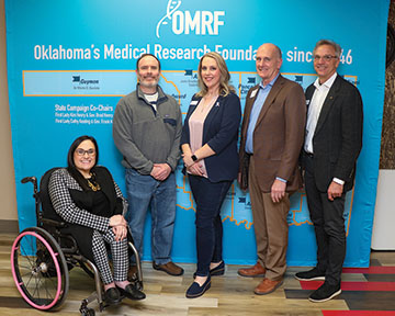 Featured speakers at the OMRF '77 for 77' luncheon in Alva on Jan. 30 included Jodie Bradford-Stevison (far left), executive director of the Alva Chamber of Commerce and local OMRF co-chair; Bob Axtell, Ph.D., researcher for OMRF; Chrissy Ledesma, OMRF Senior Accountant and Alva native; Todd Holder, co-owner of Holder Drug in Alva, vice president of Alva State Bank & Trust, and local OMRF co-chair; and OMRF President Andrew Weyrich, Ph.D.