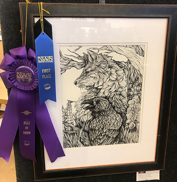 The overall Best of Show honors in the 21st annual NWOSU Art Society Art Show was awarded to the piece titled “The Fox and the Raven” by Alva sophomore Elayna Warrington. This artwork and many others will be on display at the Runnymede April 5 from 6-8 p.m. during the First Friday Artwalk.