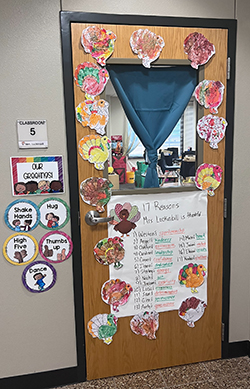Kindergarten students’ Thanksgiving decorations on Madison Luckinbill’s classroom door at Prairie View Elementary in Enid.