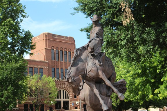 NWOSU Ranger on horse statue on campus