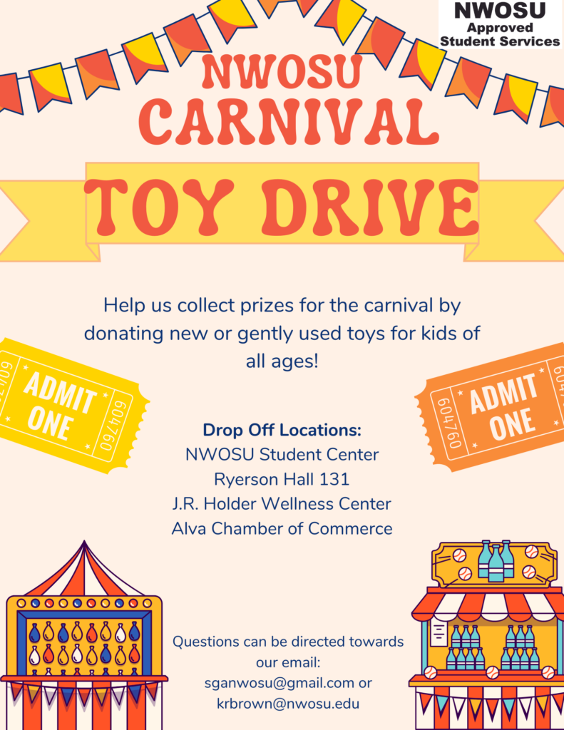 For more information about the carnival or toy donations, contact Kaylea Brown, SGA Co-Advisor and Resident Life Coordinator, at krbrown@nwosu.edu or (580)-327-8146.