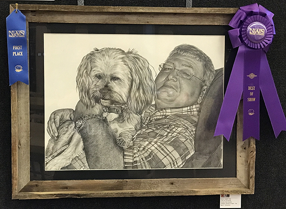 Angelia Case’s pencil drawing named “Len and Buddy” is the best-of-show winner among current/retired employees and alumni entries in the 20th annual NWOSU Art Society Art Show. The show ends on campus in the J.W. Martin Library on March 31. A Winner’s Only Show will take place at the Runnymede in downtown Alva from 6-8 p.m. on April 7 during the First Friday Artwalk events.