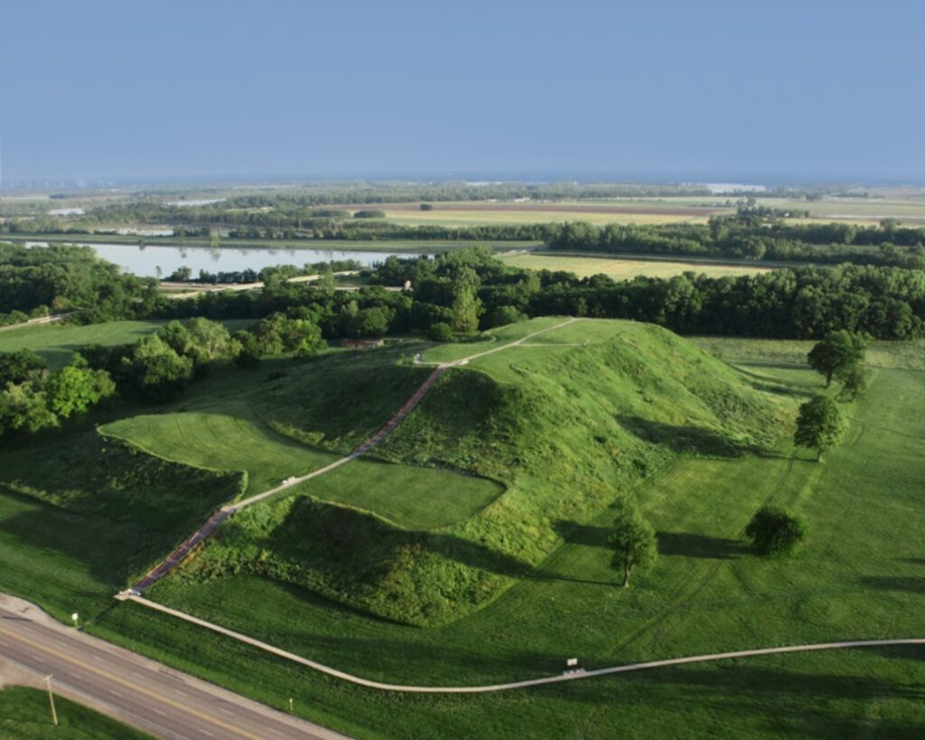 An aerial view of Cahokia Mounds State Historical Site near St. Louis, Missouri. Photo courtesy of CahokiaMounds.org.