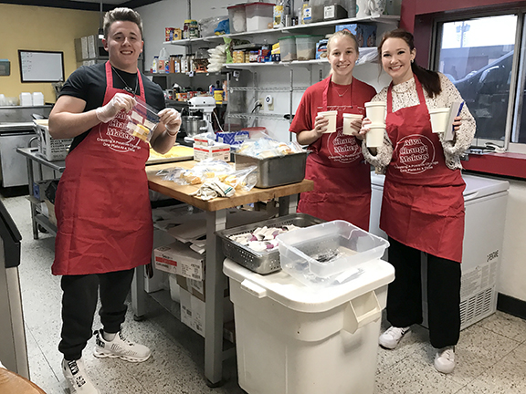 Northwestern Campus Cabinet food pantry volunteers Dylan Collins, Claremore junior majoring in business administration-management; Holli Black, Halstead, Kansas, senior majoring in business administration-accounting; and Carli Seabolt, Perry junior majoring in business administration-marketing; helped at the recent Alva Change Makers’ fundraiser dinner for the pantry at the 818 Diner.