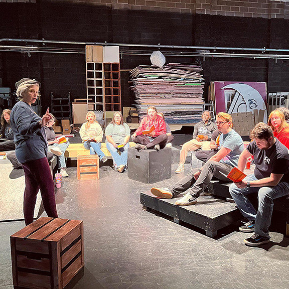 Kimberly Weast (left) gives direction to the Northwestern student cast members of the upcoming production of “The Cave,” a one-act dramatic comedy by Tim Kelly. All tickets are $3 for the performances at 7 p.m. on Feb. 20-21 and 2 p.m. on Feb. 22.