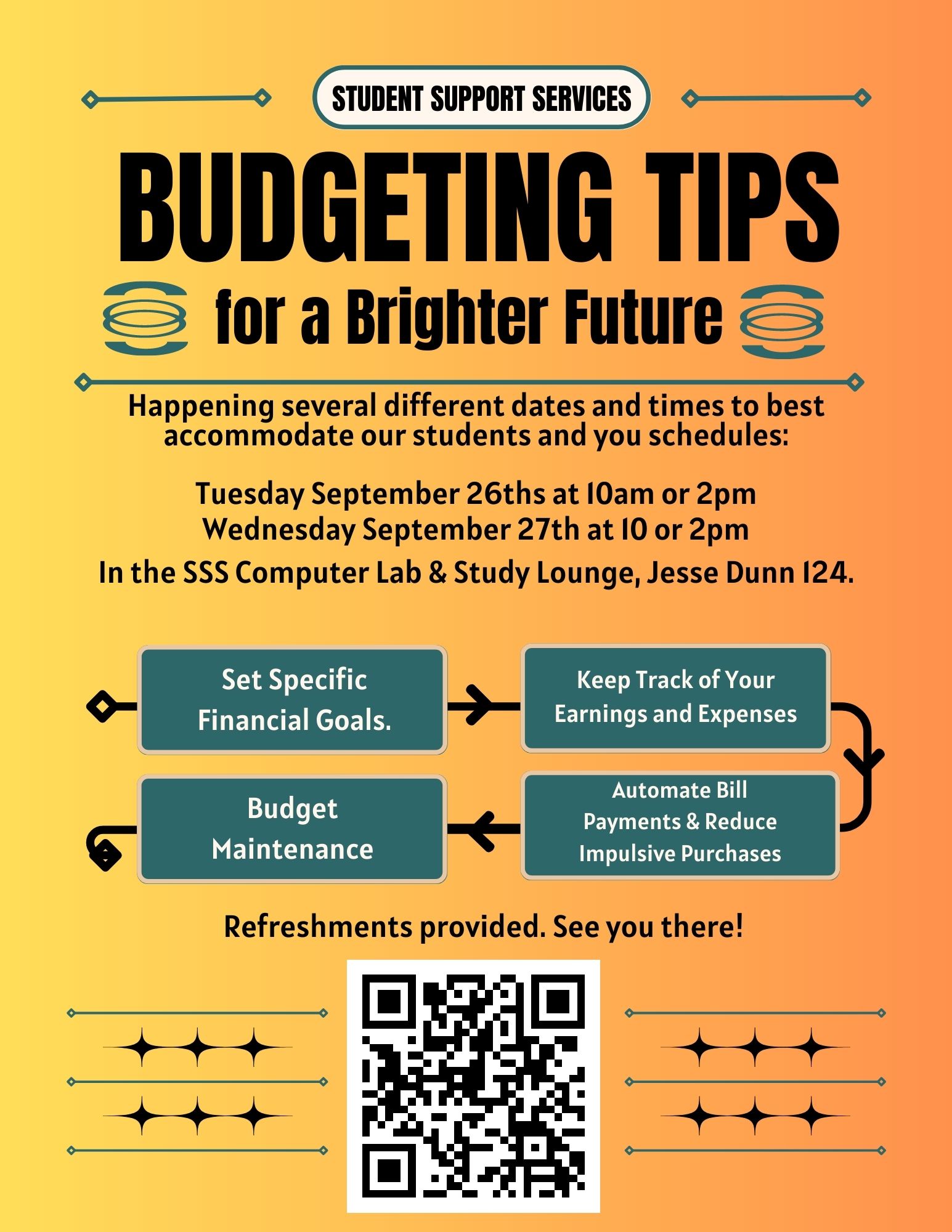 Budgeting Tips for a Brighter Future A Student Support Services workshop focused on financial goals, budgeting, expense tracking, and reducing impulsive spending.