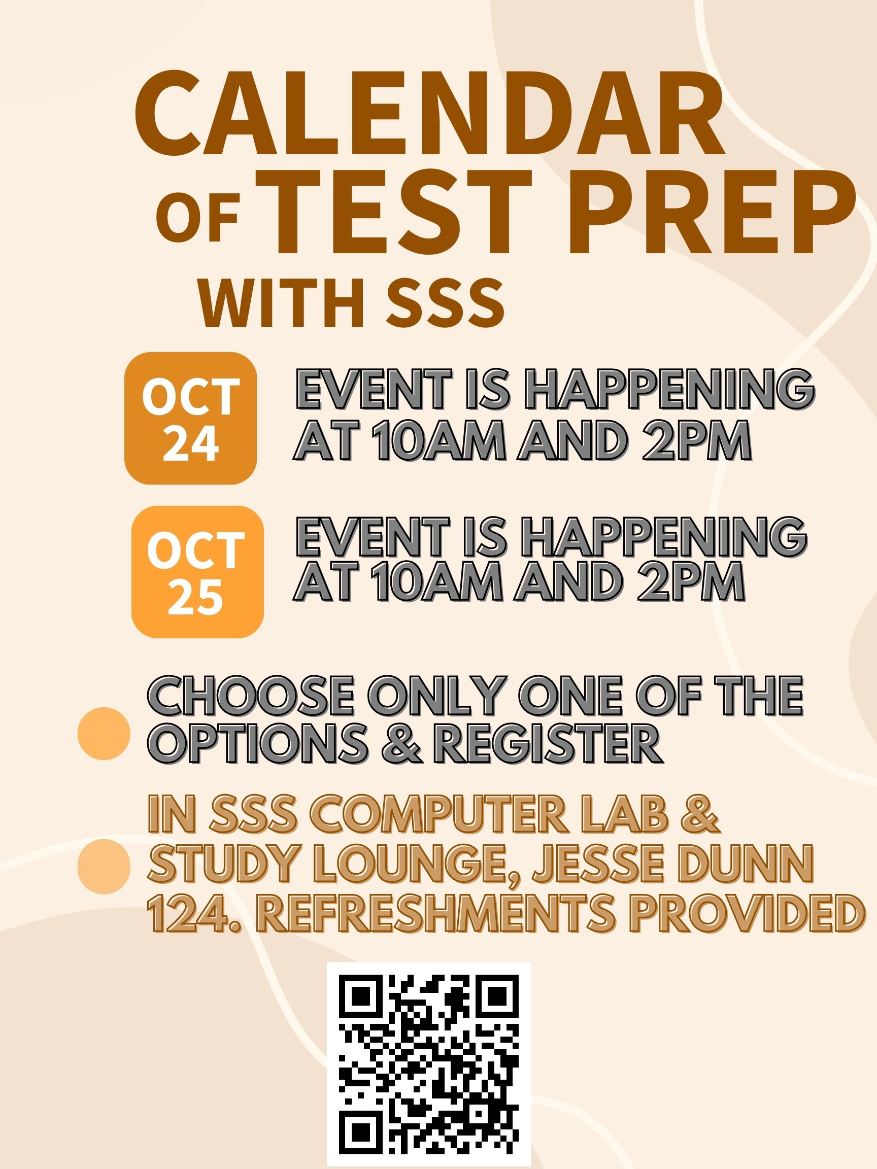 Calendar of Test Prep with SSS Join Student Support Services for scheduled test prep sessions designed to help students prepare for upcoming exams.