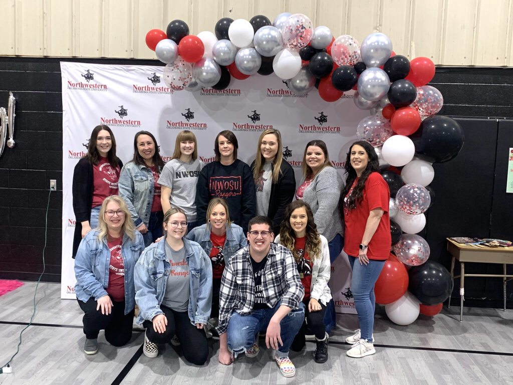 This year nearly 250 dresses were given away during the annual Primp for Prom event co-sponsored by the Northwestern Oklahoma State University Department of Social Work and Woodward High School. Some volunteers include (front row, left to right) Amy Ireland, Camryn Howard, Dr. Kylene Rehder, Jonathan Wales, Chanel Meinders, (back row, left to right) Caton Elwood, Melanie Yager, Bailey Pelland, Tara Leonard, Maci Howell, Krystan Pierce and Codi Harding.