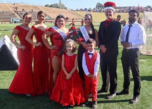 Marshal Howard and Diamond Hilton were crowned Ranger King and Queen during Northwestern’s Homecoming halftime event. Ranger Royalty court included (front left to right) flower girl Justice Jones and crown bearer Braxton Lauderdale; (back left to right) Queen finalists Mary Kate Foster and Tara Owen, Freshman Queen Brenda Lezama, Ranger Queen Diamond Hilton, Ranger King Marshal Howard and King finalist Jalen Ghee. Not pictured: Ranger King finalist Chris Perez, who was performing with the Ranger band.