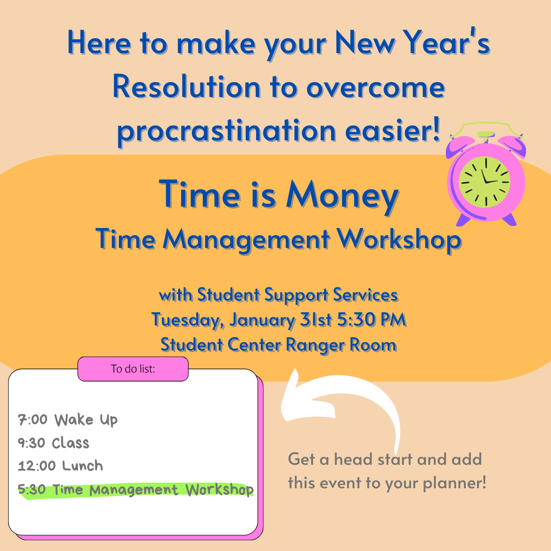 Time is Money: Time Management Workshop A Student Support Services workshop focused on overcoming procrastination and building stronger time management habits.