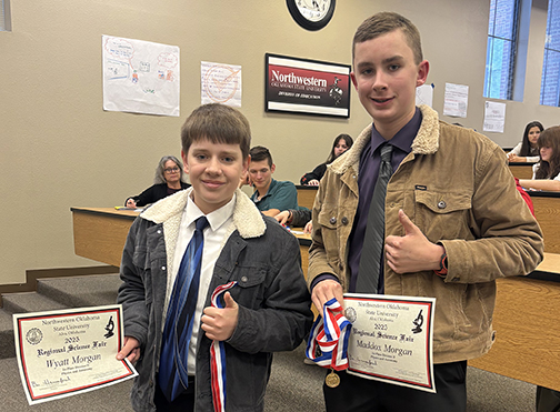 Wyatt Morgan (left) and Maddox Morgan were named the Reserved Champions in Division II of the Northwest Oklahoma Regional Science Fair that took place Feb. 6 at Northwestern Oklahoma State University. The pair also qualified for the Oklahoma State Science & Engineering Fair in Stillwater.