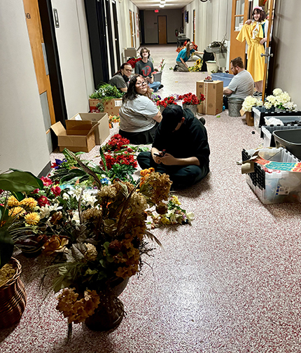 Northwestern theatre production 1 and 2 students are learning new skills as florists while making props for the upcoming musical “Little Shop of Horrors,” which will take place in Fellers Family Auditorium in Herod Hall April 23-24 at 7 p.m. and April 26 at 2 p.m. Seen here are examples of replica floral arrangements that could be purchased in the 1950s and early 1960s, the time frame of the production.