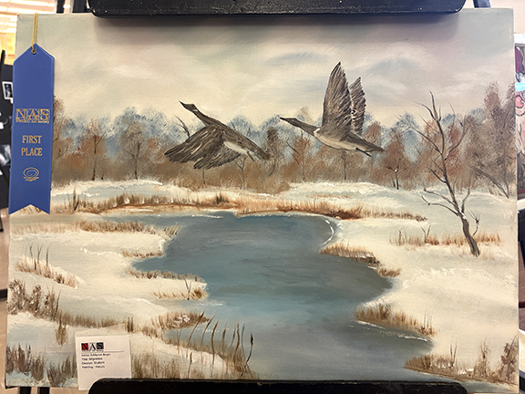 A nature painting titled "Migration" is the winner of the People's Choirce Award. It was crated by Addyson Bryan, a Sharon, Kansas, sophomore majoring in visual arts.