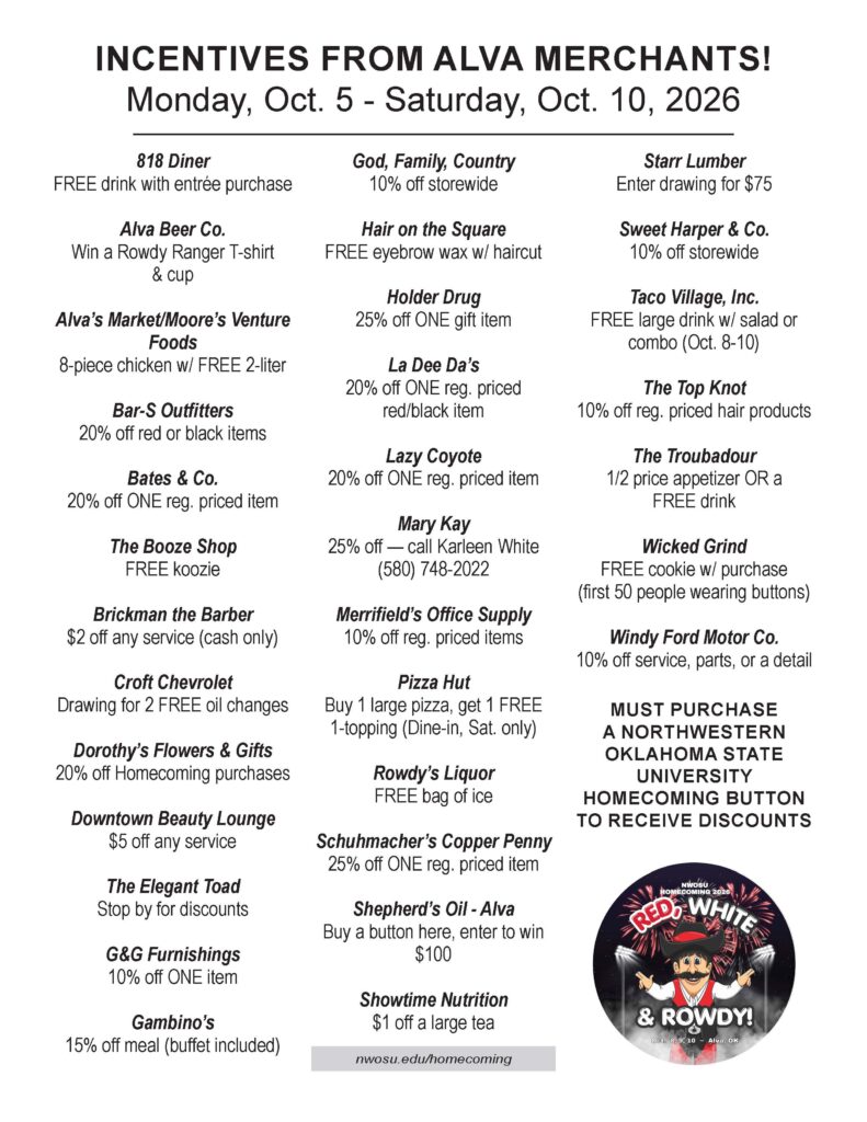 Printable flyer of 2026 Homecoming button incentives from Alva merchants. The full list appears in text below.