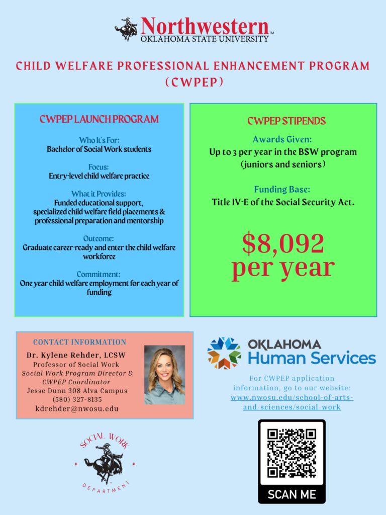 Northwestern Oklahoma State University Child Welfare Professional Enhancement Program (CWPEP) flyer. The CWPEP Launch Program is for Bachelor of Social Work students, focused on entry-level child welfare practice, with funded educational support, field placements and mentorship, and a commitment of one year of child welfare employment for each year of funding. CWPEP stipends: up to three per year for juniors and seniors, funded through Title IV-E of the Social Security Act, $8,092 per year. Contact: Dr. Kylene Rehder, LCSW, professor of social work, Social Work Program Director and CWPEP coordinator, with her headshot, the Oklahoma Human Services logo and a QR code linking to Northwestern’s social work website.