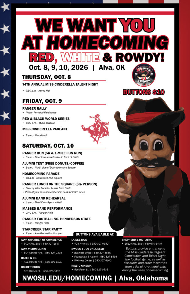 Homecoming poster reading “We Want You at Homecoming — Red, White & Rowdy! Oct. 8, 9, 10, 2026, Alva, OK,” with Rowdy the Ranger pointing at the viewer. It lists the Thursday through Saturday schedule and the businesses selling $10 buttons, all of which is written out on this page.