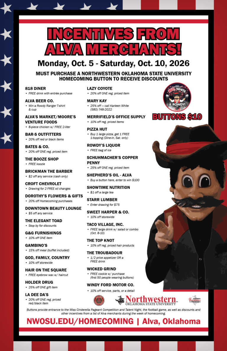 Poster reading “Incentives from Alva Merchants! Monday, Oct. 5 – Saturday, Oct. 10, 2026” with Rowdy the Ranger. It lists each participating merchant and that merchant’s discount, and states that a Northwestern Oklahoma State University Homecoming button is required. The full list is on Northwestern’s Homecoming 2026 webpage.