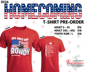 Front and back of the red 2026 Homecoming T-shirt. The front reads "Red, White and Rowdy" over an American flag and bronc rider. The back lists Homecoming sponsors. Adult XS–XL $16, adult 2XL–4XL $18, youth small–XL $16.