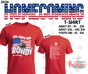 Front and back of the red 2026 Homecoming T-shirt. The front reads "Red, White and Rowdy" over an American flag and bronc rider. The back lists Homecoming sponsors. Adult XS–XL $16, adult 2XL–4XL $18, youth small–XL $16.