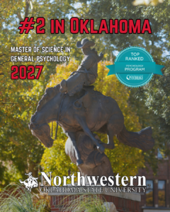 Graphic announcing Northwestern Oklahoma State University’s Master of Science in General Psychology as No. 2 in Oklahoma. Text reads “#2 in Oklahoma,” “Master of Science in General Psychology” and “2027,” with a Counseling Psychology “Top Ranked Psychology Program” badge and the Northwestern Oklahoma State University logo. The background shows Northwestern’s Ranger Statue, a cowboy riding a bucking horse, in front of autumn trees.