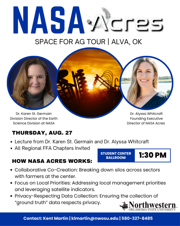 NASA Acres Space for Ag Tour flyer for Alva, Oklahoma, showing headshots of Dr. Karen St. Germain and Dr. Alyssa Whitcraft beside a photo of farm equipment at sunset, with event details for Thursday, Aug. 27, at 1:30 p.m. in the Student Center Ballroom.