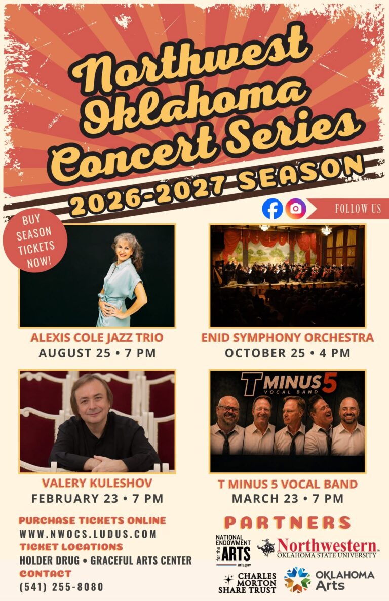 Northwest Oklahoma Concert Series 2026-2027 season poster. Four photographs show the season’s performers with their dates: Alexis Cole Jazz Trio, August 25 at 7 p.m.; Enid Symphony Orchestra, October 25 at 4 p.m.; Valery Kuleshov, February 23 at 7 p.m.; and T Minus 5 Vocal Band, March 23 at 7 p.m. Text reads: Buy season tickets now. Follow us on Facebook and Instagram. Purchase tickets online at www.nwocs.ludus.com. Ticket locations: Holder Drug and Graceful Arts Center. Contact 541-255-8080. Partner logos: National Endowment for the Arts, Northwestern Oklahoma State University, Charles Morton Share Trust and Oklahoma Arts.