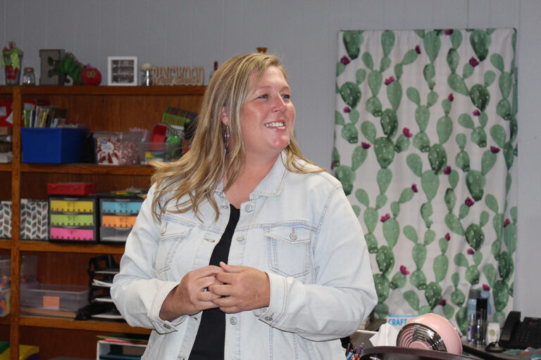 Jamie Niblett, Northwestern Oklahoma State University elementary education graduate, smiles while leading a lesson in a Ringwood Public Schools classroom
