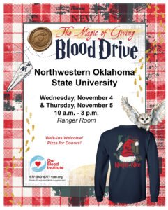 Flyer for “The Magic of Giving” Blood Drive at Northwestern Oklahoma State University, Wednesday, Nov. 4, and Thursday, Nov. 5, 10 a.m. to 3 p.m. in the Ranger Room. Red text reads “Walk-ins Welcome! Pizza for Donors!” A navy long-sleeve donor T-shirt with a red Santa hat and the words “Naughty or Nice” is shown with a white owl perched on top, inside a red plaid border. Bottom left shows the Our Blood Institute logo, 877-340-8777, obi.org, and “Photo ID required. While supplies last.”
