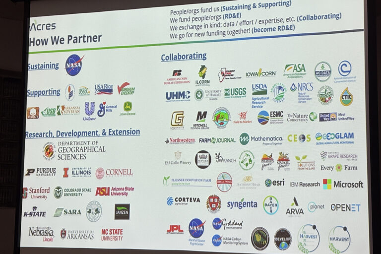 A projected NASA Acres slide titled "How We Partner," showing logos grouped under Sustaining, Supporting, Research Development and Extension, and Collaborating. The Northwestern Oklahoma State University logo appears among the collaborating partners.