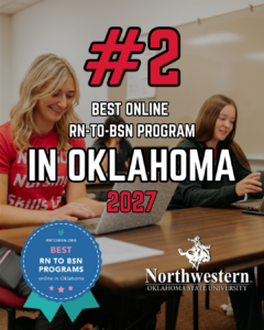 Graphic reading "#2 Best Online RN-to-BSN Program in Oklahoma 2027" over a photo of two students smiling while working on laptops at a classroom table. An RNtoMSN.org badge reads "Best RN to BSN Programs online in Oklahoma," and the Northwestern Oklahoma State University logo appears in the lower right corner.