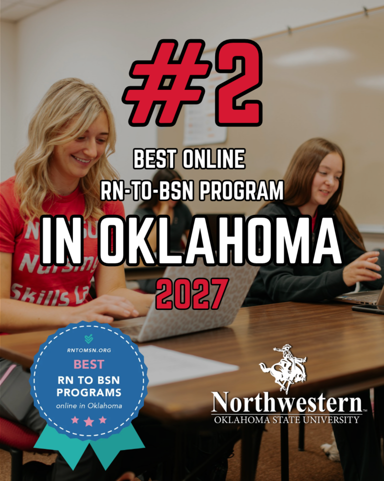 Graphic reading "#2 Best Online RN-to-BSN Program in Oklahoma 2027" over a photo of two students smiling while working on laptops at a classroom table. An RNtoMSN.org badge reads "Best RN to BSN Programs online in Oklahoma," and the Northwestern Oklahoma State University logo appears in the lower right corner.