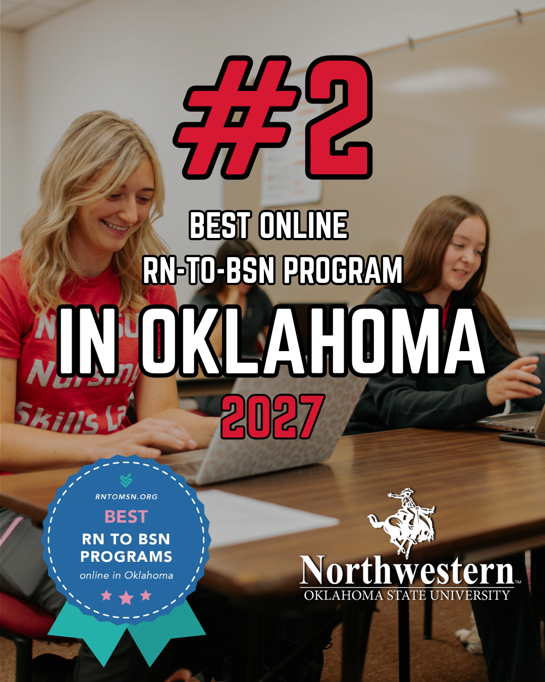 Graphic reading "#2 Best Online RN-to-BSN Program in Oklahoma 2027" over a photo of two students smiling while working on laptops at a classroom table. An RNtoMSN.org badge reads "Best RN to BSN Programs online in Oklahoma," and the Northwestern Oklahoma State University logo appears in the lower right corner.