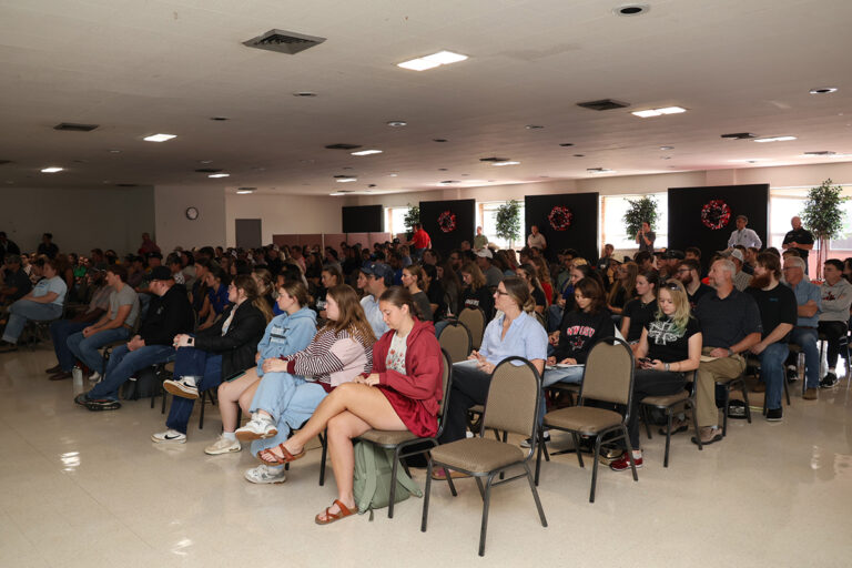 A full Student Center Ballroom at Northwestern Oklahoma State University, with rows of seated students, faculty and community members filling the room during the NASA Acres Space for Ag Tour presentations.
