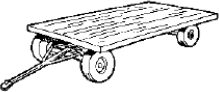 Line drawing of a flat hay trailer with no sides and a single axle.