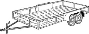 Line drawing of a low-boy trailer with wooden side rails and a tandem axle.
